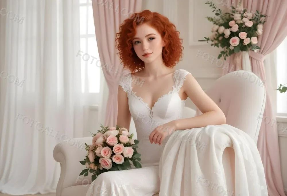 A Young Woman With Fair Skin And Red Curly Hair Approximately 25 Years Old Wearing A White Lace Wedding Dress She Is Seated On An Elegant White Chair Holding A Bouquet Of Pink Flowers With Greenery The Backgroun 4 2a86