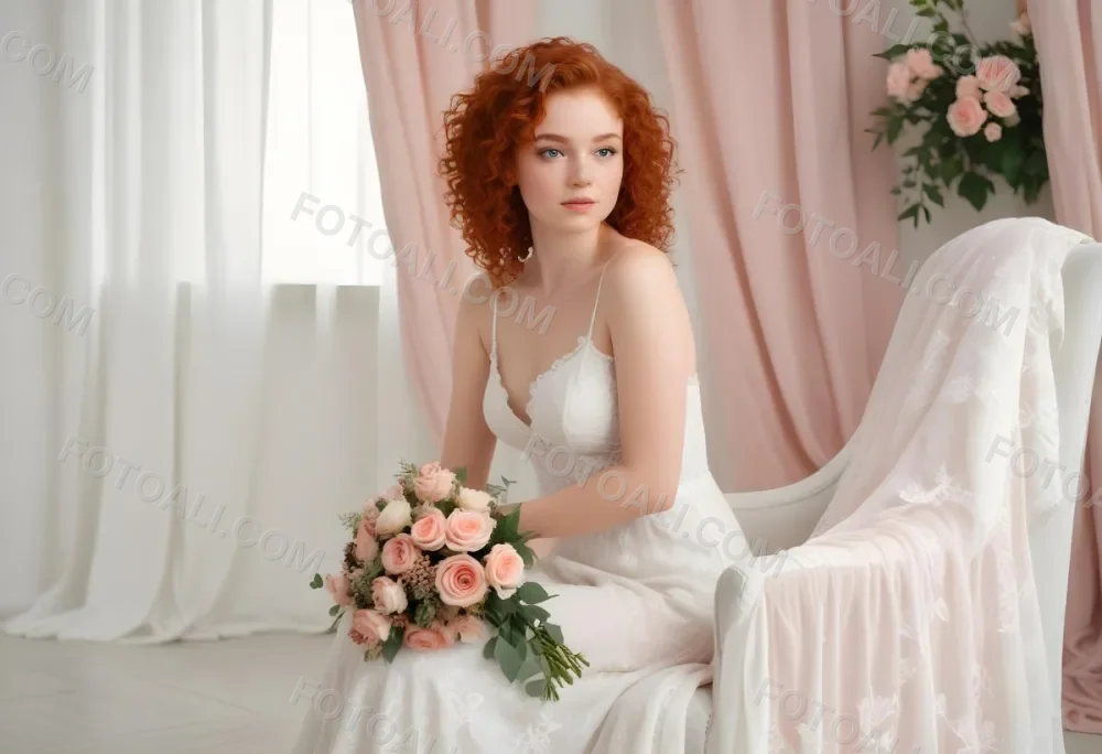 A Young Woman With Fair Skin And Red Curly Hair Approximately 25 Years Old Wearing A White Lace Wedding Dress She Is Seated On An Elegant White Chair Holding A Bouquet Of Pink Flowers With Greenery The Backgroun 8 Fea3