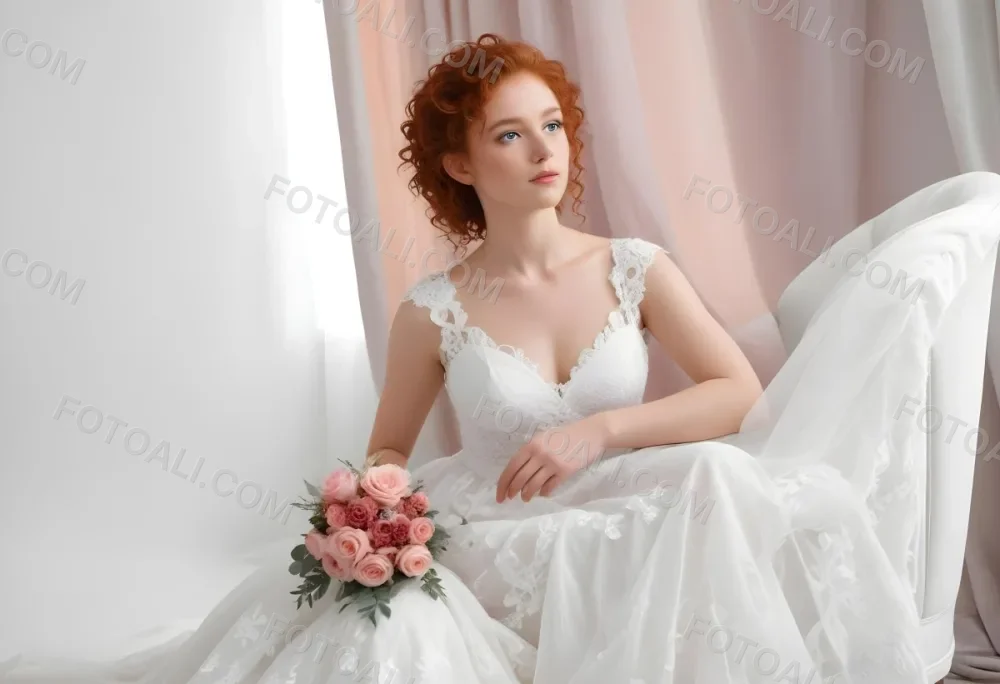 A Young Woman With Fair Skin And Red Curly Hair Approximately 25 Years Old Wearing A White Lace Wedding Dress She Is Seated On An Elegant White Chair Holding A Bouquet Of Pink Flowers With Greenery The Backgroun 9 40b4