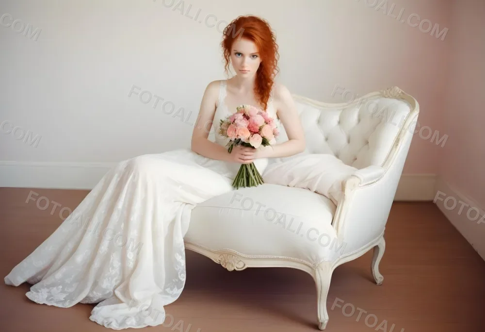 A Young Woman With Fair Skin And Red Hair Approximately 25 Years Old Wearing A White Lace Wedding Dress She Is Seated On An Elegant White Upholstered Chair Holding A Bouquet Of Pink Flowers The Background Featur 13 Bc59