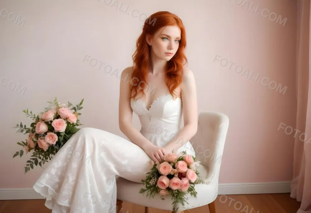 A Young Woman With Fair Skin And Red Hair Approximately 25 Years Old Wearing A White Lace Wedding Dress She Is Seated On An Elegant White Upholstered Chair Holding A Bouquet Of Pink Flowers The Background Featur 15 14e9