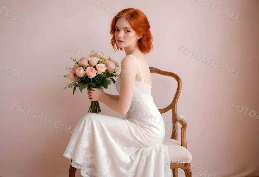 A Young Woman With Fair Skin And Red Hair Approximately 25 Years Old Wearing A White Lace Wedding Dress She Is Seated On An Elegant White Upholstered Chair Holding A Bouquet Of Pink Flowers The Background Featur 18 029e