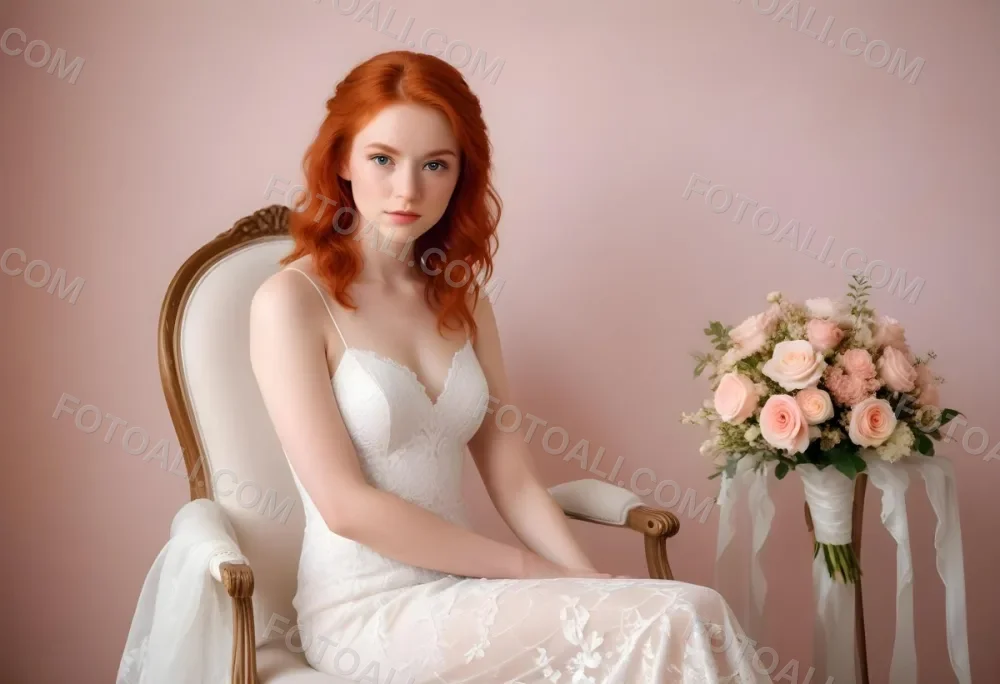 A Young Woman With Fair Skin And Red Hair Approximately 25 Years Old Wearing A White Lace Wedding Dress She Is Seated On An Elegant White Upholstered Chair Holding A Bouquet Of Pink Flowers The Background Featur 19 7389