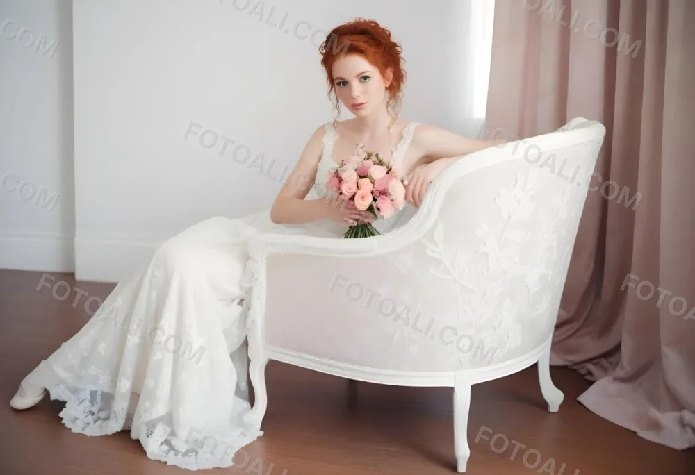 A Young Woman With Fair Skin And Red Hair Approximately 25 Years Old Wearing A White Lace Wedding Dress She Is Seated On An Elegant White Upholstered Chair Holding A Bouquet Of Pink Flowers The Background Featur 22 246f