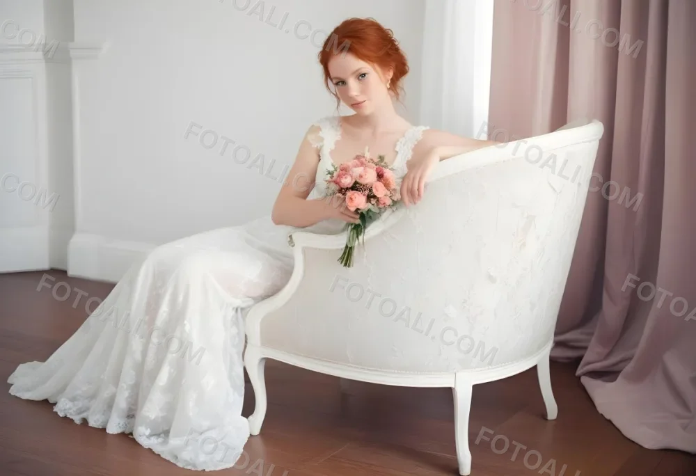 A Young Woman With Fair Skin And Red Hair Approximately 25 Years Old Wearing A White Lace Wedding Dress She Is Seated On An Elegant White Upholstered Chair Holding A Bouquet Of Pink Flowers The Background Featur 23 8f0d
