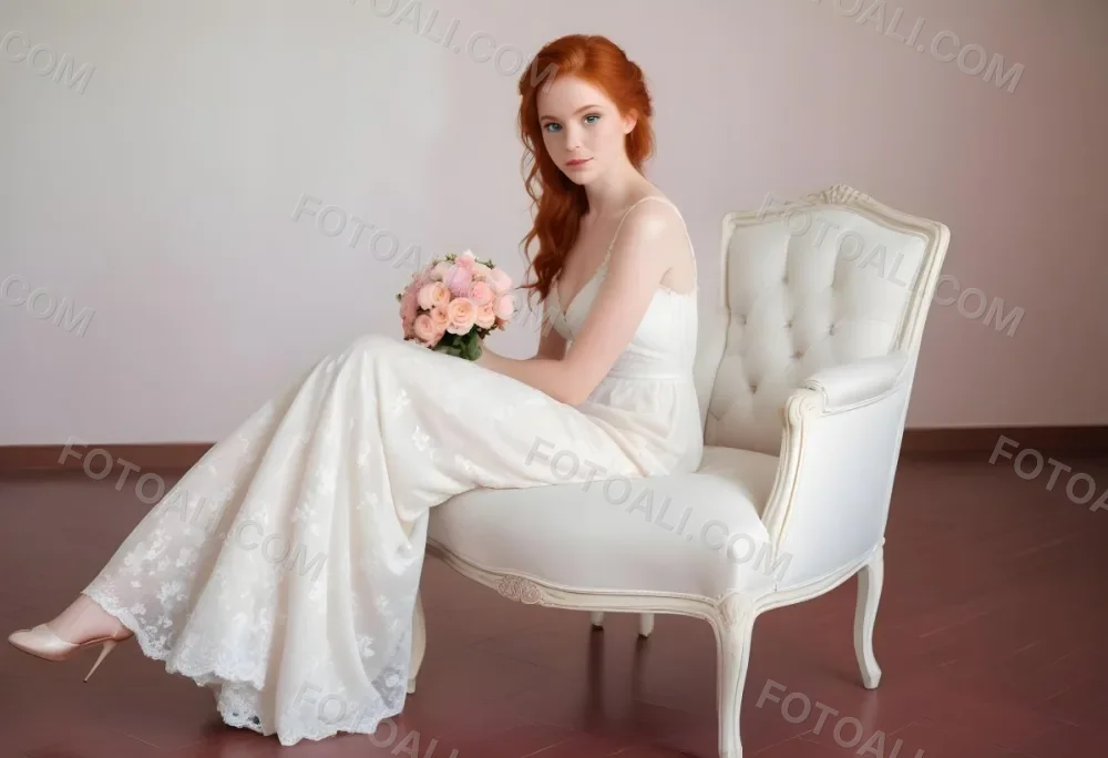 A Young Woman With Fair Skin And Red Hair Approximately 25 Years Old Wearing A White Lace Wedding Dress She Is Seated On An Elegant White Upholstered Chair Holding A Bouquet Of Pink Flowers The Background Featur 28 74fd