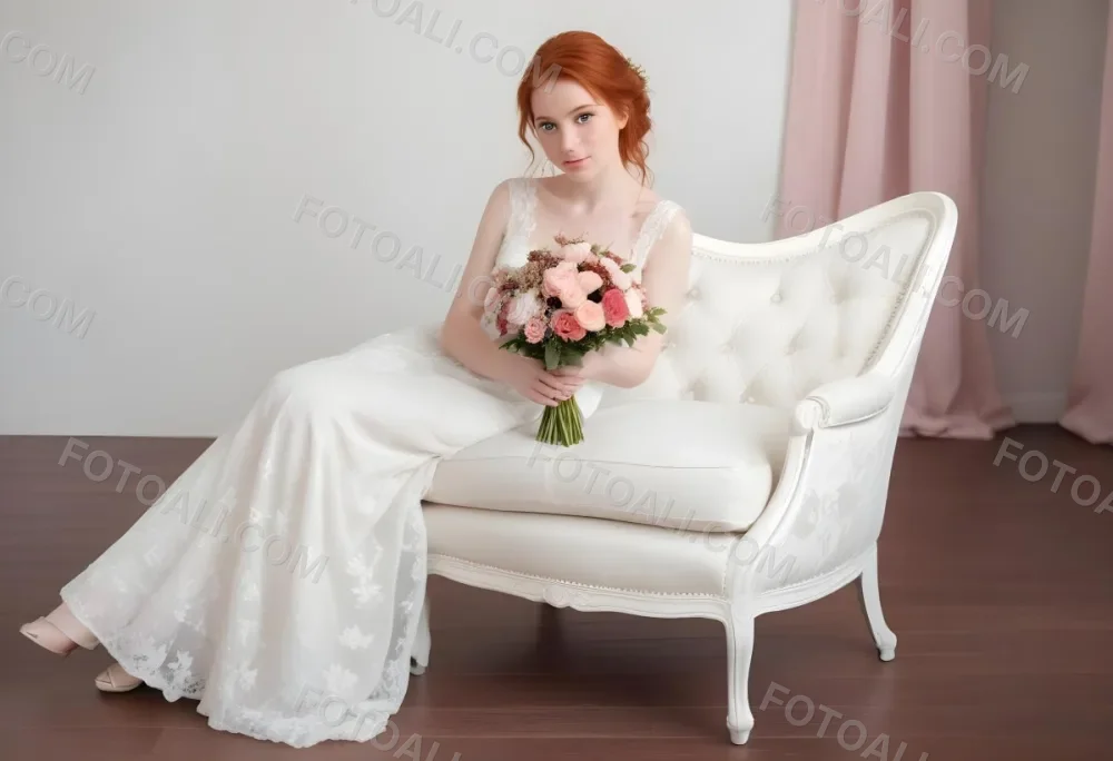 A Young Woman With Fair Skin And Red Hair Approximately 25 Years Old Wearing A White Lace Wedding Dress She Is Seated On An Elegant White Upholstered Chair Holding A Bouquet Of Pink Flowers The Background Featur 29 C578