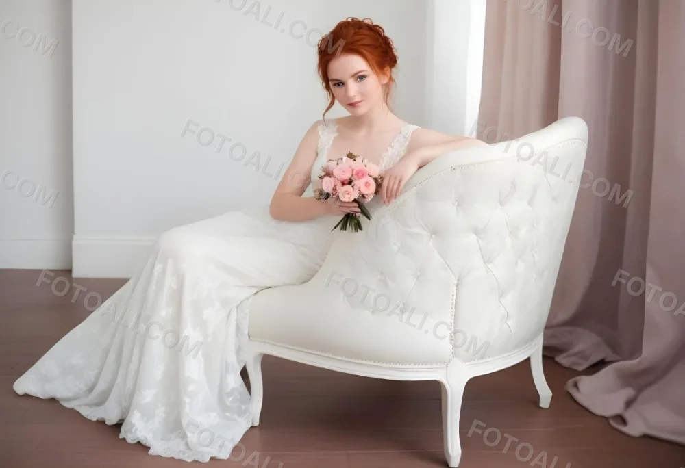 A Young Woman With Fair Skin And Red Hair Approximately 25 Years Old Wearing A White Lace Wedding Dress She Is Seated On An Elegant White Upholstered Chair Holding A Bouquet Of Pink Flowers The Background Featur 31 2b1e