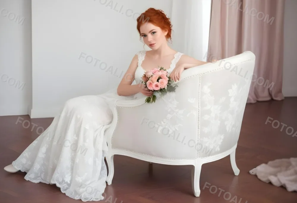 A Young Woman With Fair Skin And Red Hair Approximately 25 Years Old Wearing A White Lace Wedding Dress She Is Seated On An Elegant White Upholstered Chair Holding A Bouquet Of Pink Flowers The Background Featur 32 D0cb