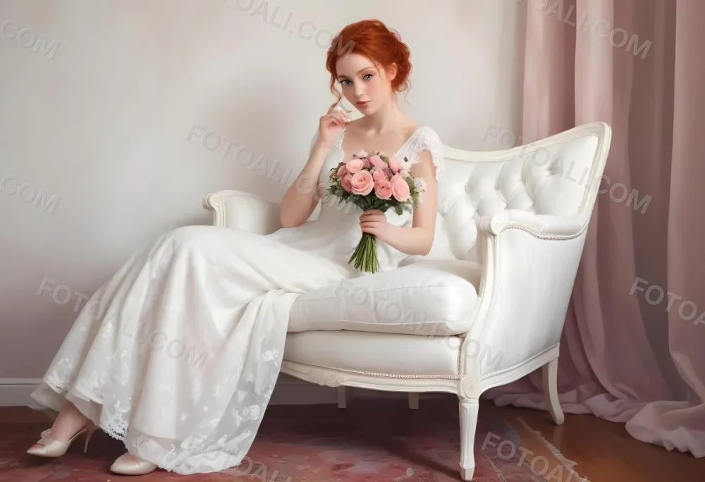 A Young Woman With Fair Skin And Red Hair Approximately 25 Years Old Wearing A White Lace Wedding Dress She Is Seated On An Elegant White Upholstered Chair Holding A Bouquet Of Pink Flowers The Background Featur 4 A51e