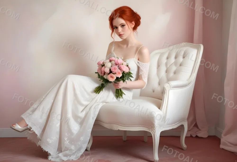 A Young Woman With Fair Skin And Red Hair Approximately 25 Years Old Wearing A White Lace Wedding Dress She Is Seated On An Elegant White Upholstered Chair Holding A Bouquet Of Pink Flowers The Background Featur 5 4700