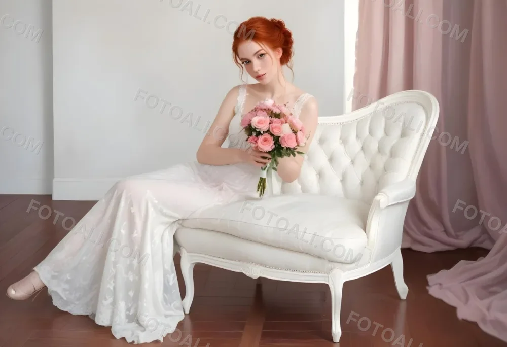 A Young Woman With Fair Skin And Red Hair Approximately 25 Years Old Wearing A White Lace Wedding Dress She Is Seated On An Elegant White Upholstered Chair Holding A Bouquet Of Pink Flowers The Background Featur 8 F273