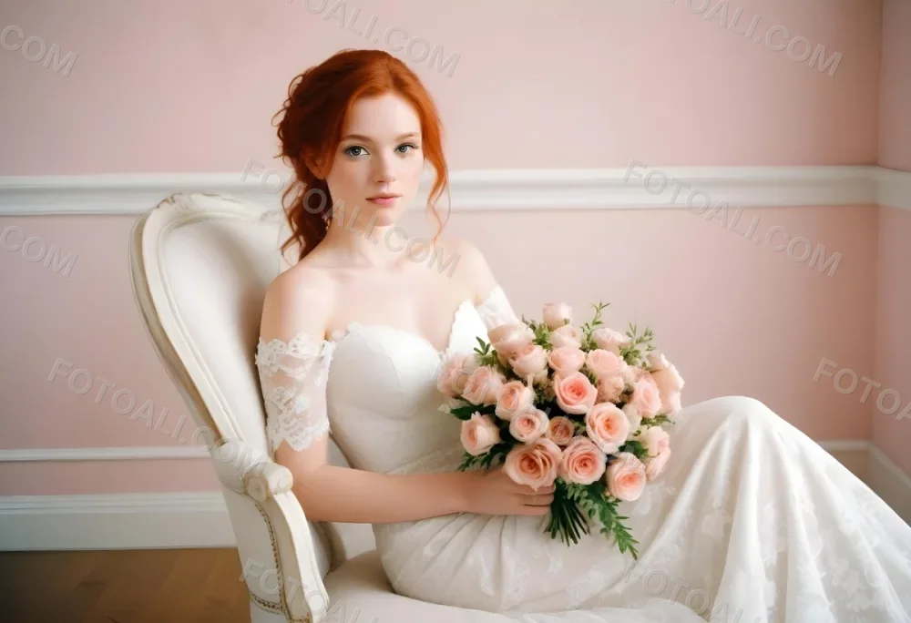 A Young Woman With Fair Skin And Red Hair Approximately 25 Years Old Wearing A White Lace Wedding Dress She Is Seated On An Elegant White Upholstered Chair Holding A Bouquet Of Pink Flowers The Background Featur 9 B1b2
