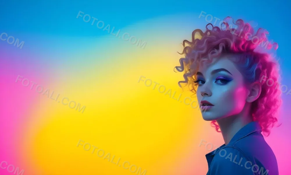A Young Woman With Fair Skin And Vibrant Curly Hair That Transitions From Pink To Blonde She Has A Striking Profile With Bold Makeup Accentuating Her Features The Background Features A Gradient Of Blue A 10 A231