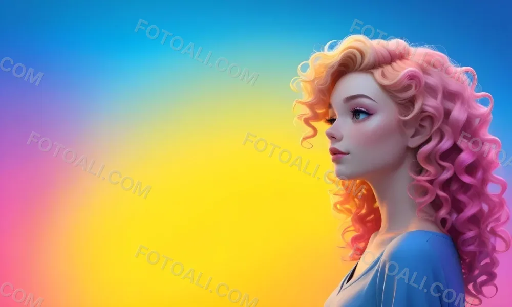 A Young Woman With Fair Skin And Vibrant Curly Hair That Transitions From Pink To Blonde She Has A Striking Profile With Bold Makeup Accentuating Her Features The Background Features A Gradient Of Blue A 14 9d96