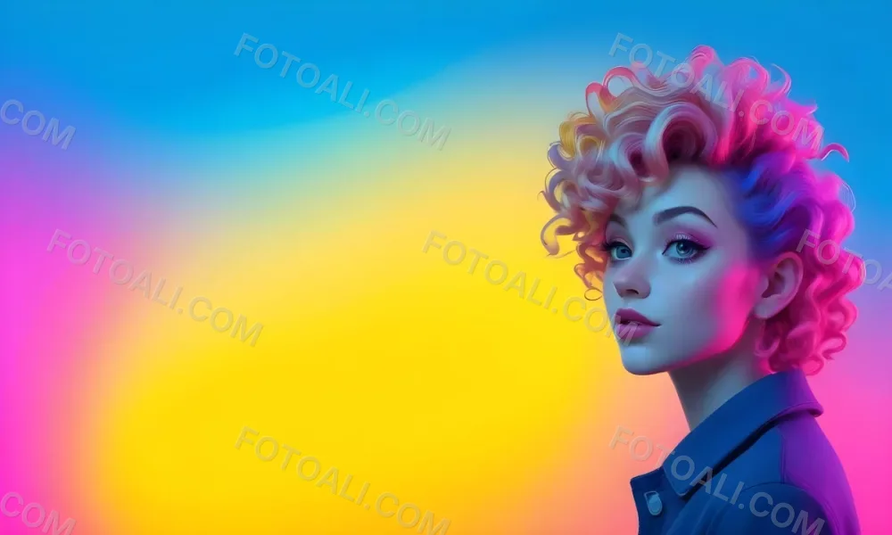 A Young Woman With Fair Skin And Vibrant Curly Hair That Transitions From Pink To Blonde She Has A Striking Profile With Bold Makeup Accentuating Her Features The Background Features A Gradient Of Blue A 18 5de5