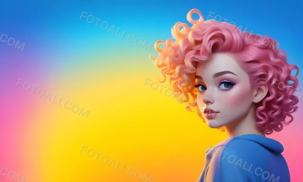 A Young Woman With Fair Skin And Vibrant Curly Hair That Transitions From Pink To Blonde She Has A Striking Profile With Bold Makeup Accentuating Her Features The Background Features A Gradient Of Blue A 27 0fbb