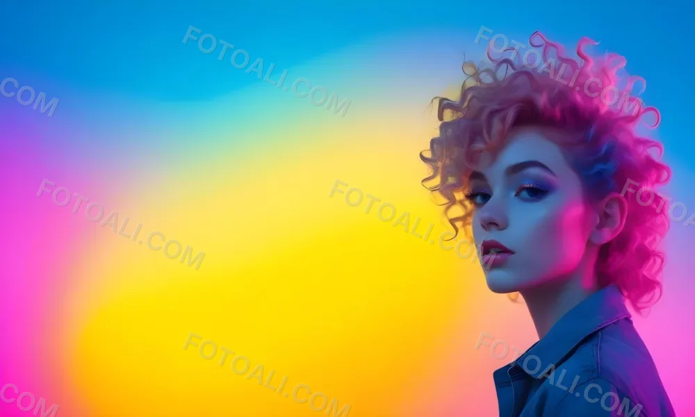 A Young Woman With Fair Skin And Vibrant Curly Hair That Transitions From Pink To Blonde She Has A Striking Profile With Bold Makeup Accentuating Her Features The Background Features A Gradient Of Blue A 3 0152
