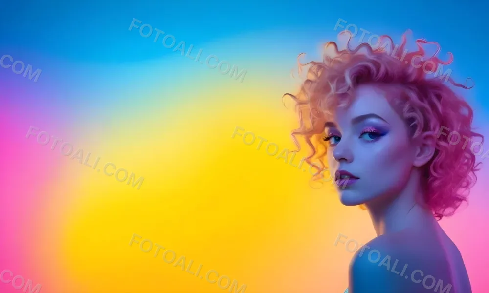 A Young Woman With Fair Skin And Vibrant Curly Hair That Transitions From Pink To Blonde She Has A Striking Profile With Bold Makeup Accentuating Her Features The Background Features A Gradient Of Blue A 33 D7b3