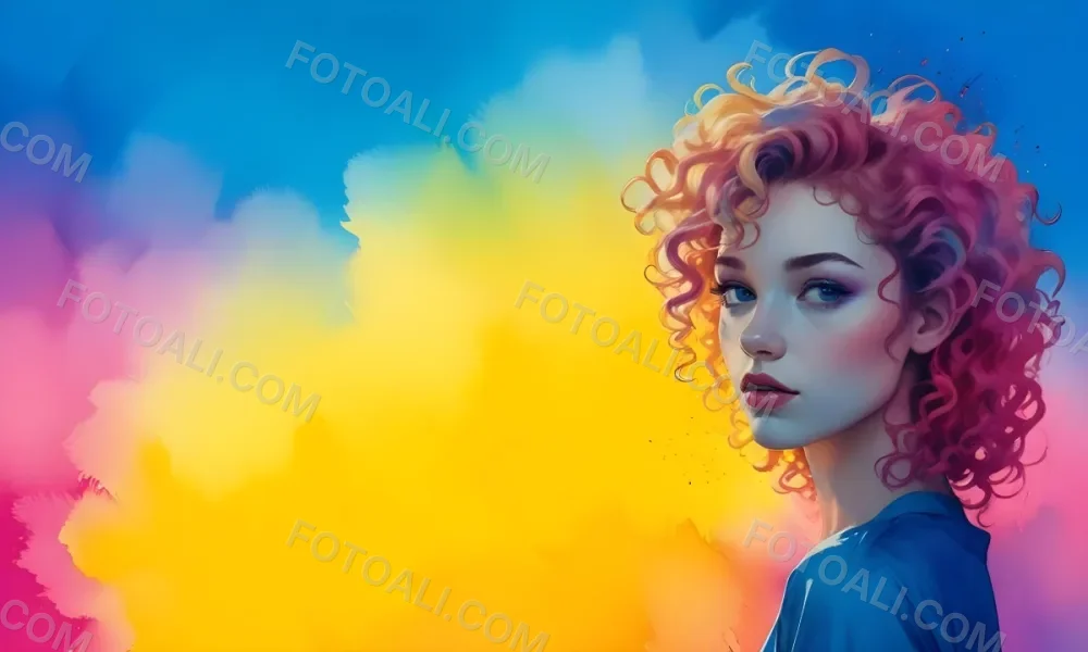 A Young Woman With Fair Skin And Vibrant Curly Hair That Transitions From Pink To Blonde She Has A Striking Profile With Bold Makeup Accentuating Her Features The Background Features A Gradient Of Blue A 37 D1c8