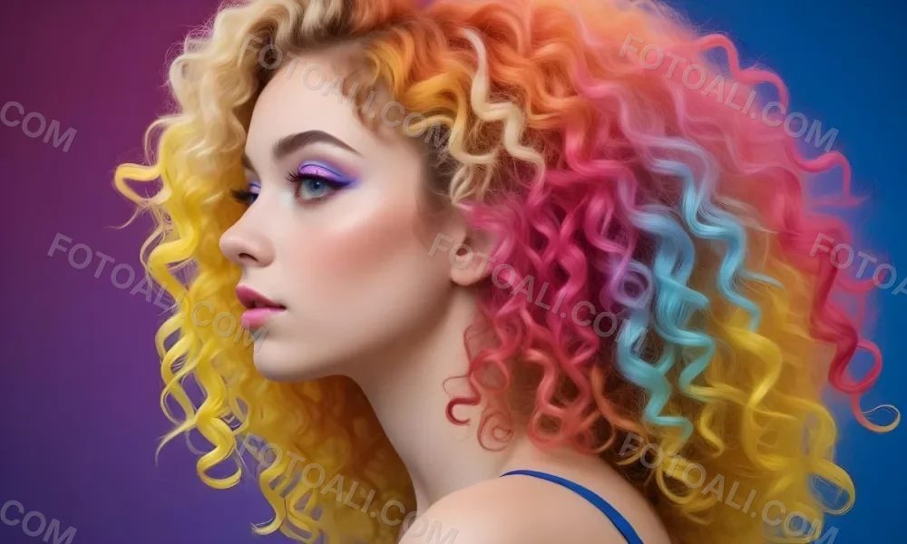A Young Woman With Fair Skin And Vibrant Curly Hair That Transitions From Pink To Blonde She Has A Striking Profile With Bold Makeup Accentuating Her Features The Background Features A Gradient Of Blue A 39 Ee9a