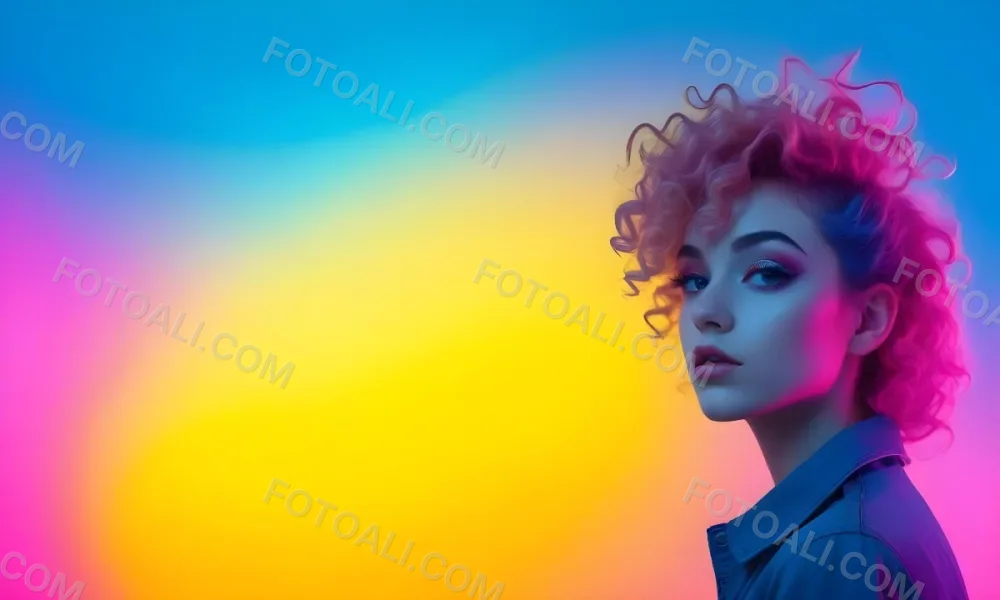 A Young Woman With Fair Skin And Vibrant Curly Hair That Transitions From Pink To Blonde She Has A Striking Profile With Bold Makeup Accentuating Her Features The Background Features A Gradient Of Blue A 55 Bfde