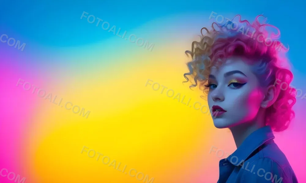 A Young Woman With Fair Skin And Vibrant Curly Hair That Transitions From Pink To Blonde She Has A Striking Profile With Bold Makeup Accentuating Her Features The Background Features A Gradient Of Blue A 62 Af99