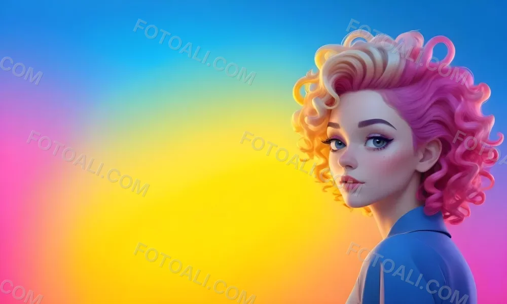 A Young Woman With Fair Skin And Vibrant Curly Hair That Transitions From Pink To Blonde She Has A Striking Profile With Bold Makeup Accentuating Her Features The Background Features A Gradient Of Blue A 67 4f2b