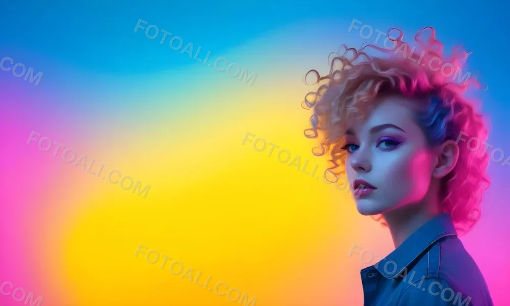 A Young Woman With Fair Skin And Vibrant Curly Hair That Transitions From Pink To Blonde She Has A Striking Profile With Bold Makeup Accentuating Her Features The Background Features A Gradient Of Blue A 76 141e
