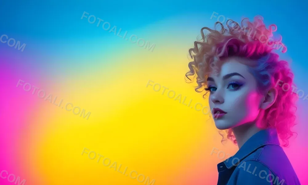 A Young Woman With Fair Skin And Vibrant Curly Hair That Transitions From Pink To Blonde She Has A Striking Profile With Bold Makeup Accentuating Her Features The Background Features A Gradient Of Blue A 8 C55e