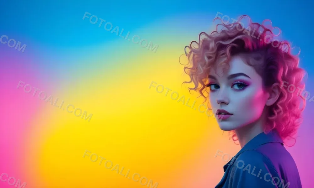 A Young Woman With Fair Skin And Vibrant Curly Hair That Transitions From Pink To Blonde She Has A Striking Profile With Bold Makeup Accentuating Her Features The Background Features A Gradient Of Blue A 86 5ffd