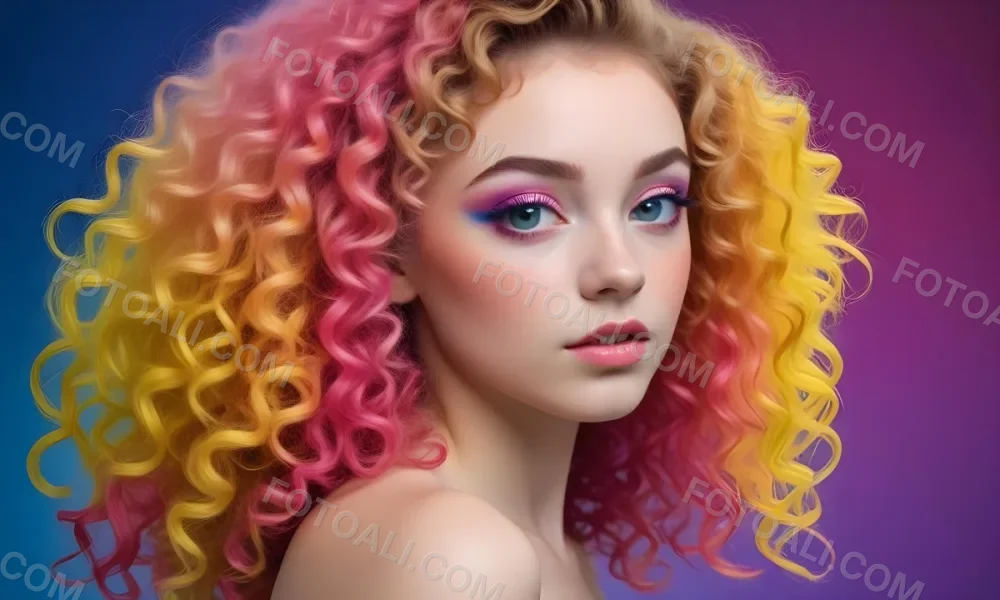 A Young Woman With Fair Skin And Vibrant Curly Hair That Transitions From Pink To Blonde She Has A Striking Profile With Bold Makeup Accentuating Her Features The Background Features A Gradient Of Blue A 88 1036
