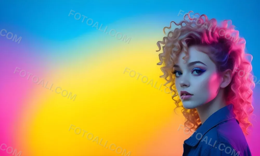 A Young Woman With Fair Skin And Vibrant Curly Hair That Transitions From Pink To Blonde She Has A Striking Profile With Bold Makeup Accentuating Her Features The Background Features A Gradient Of Blue A 89 5aad