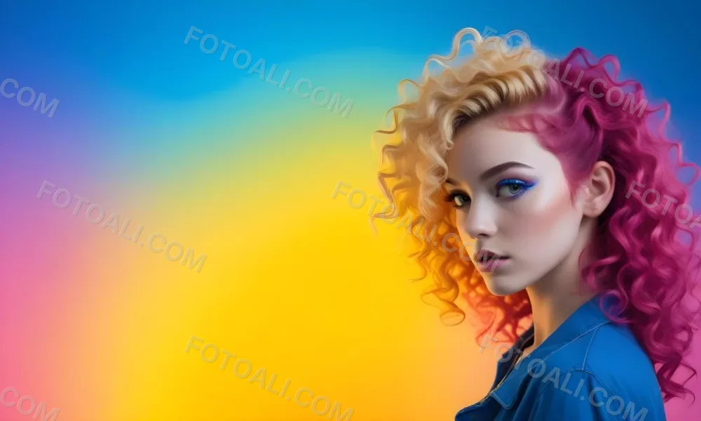 A Young Woman With Fair Skin And Vibrant Curly Hair That Transitions From Pink To Blonde She Has A Striking Profile With Bold Makeup Accentuating Her Features The Background Features A Gradient Of Blue A 90 Fe2b