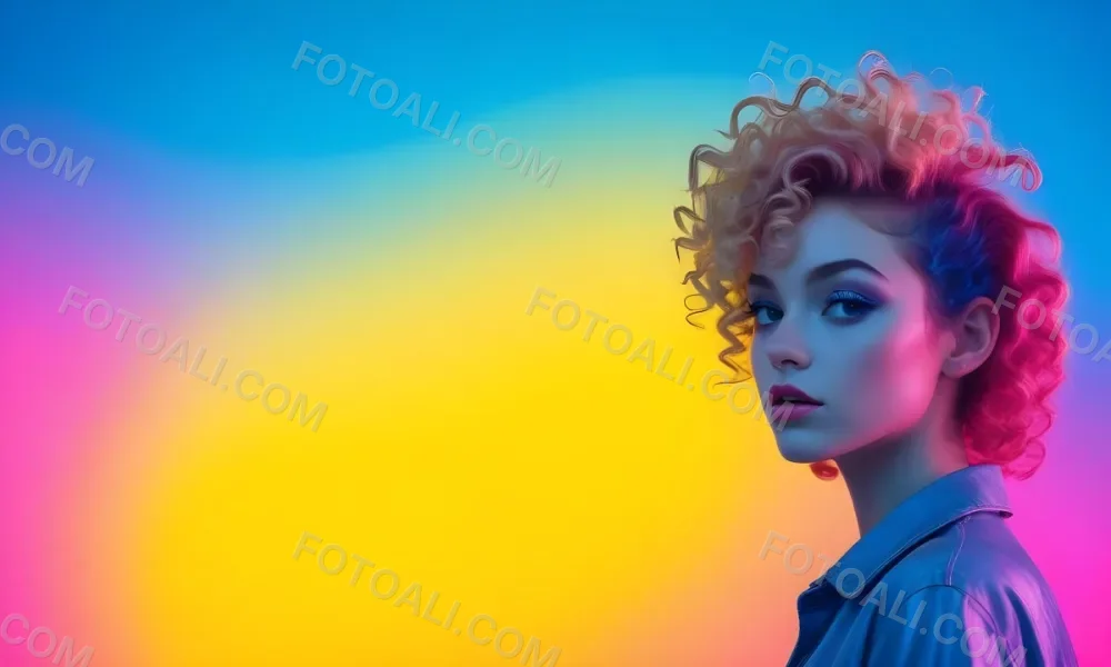 A Young Woman With Fair Skin And Vibrant Curly Hair That Transitions From Pink To Blonde She Has A Striking Profile With Bold Makeup Accentuating Her Features The Background Features A Gradient Of Blue A 94 A04b