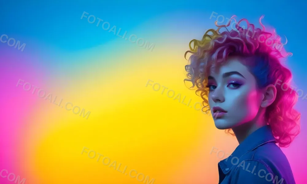 A Young Woman With Fair Skin And Vibrant Curly Hair That Transitions From Pink To Blonde She Has A Striking Profile With Bold Makeup Accentuating Her Features The Background Features A Gradient Of Blue A 95 C457