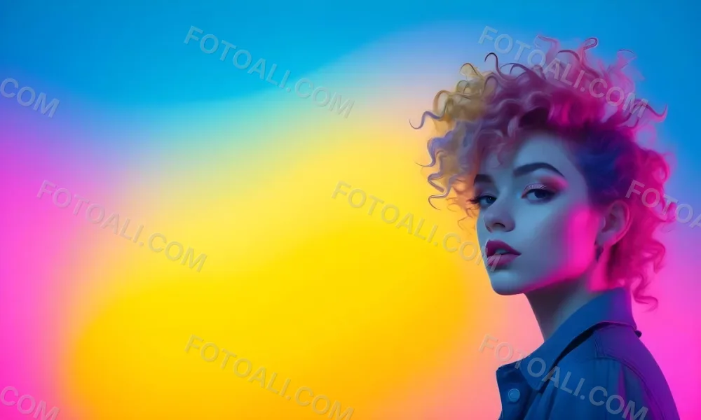 A Young Woman With Fair Skin And Vibrant Curly Hair That Transitions From Pink To Blonde She Has A Striking Profile With Bold Makeup Accentuating Her Features The Background Features A Gradient Of Blue A 96 Bb7d