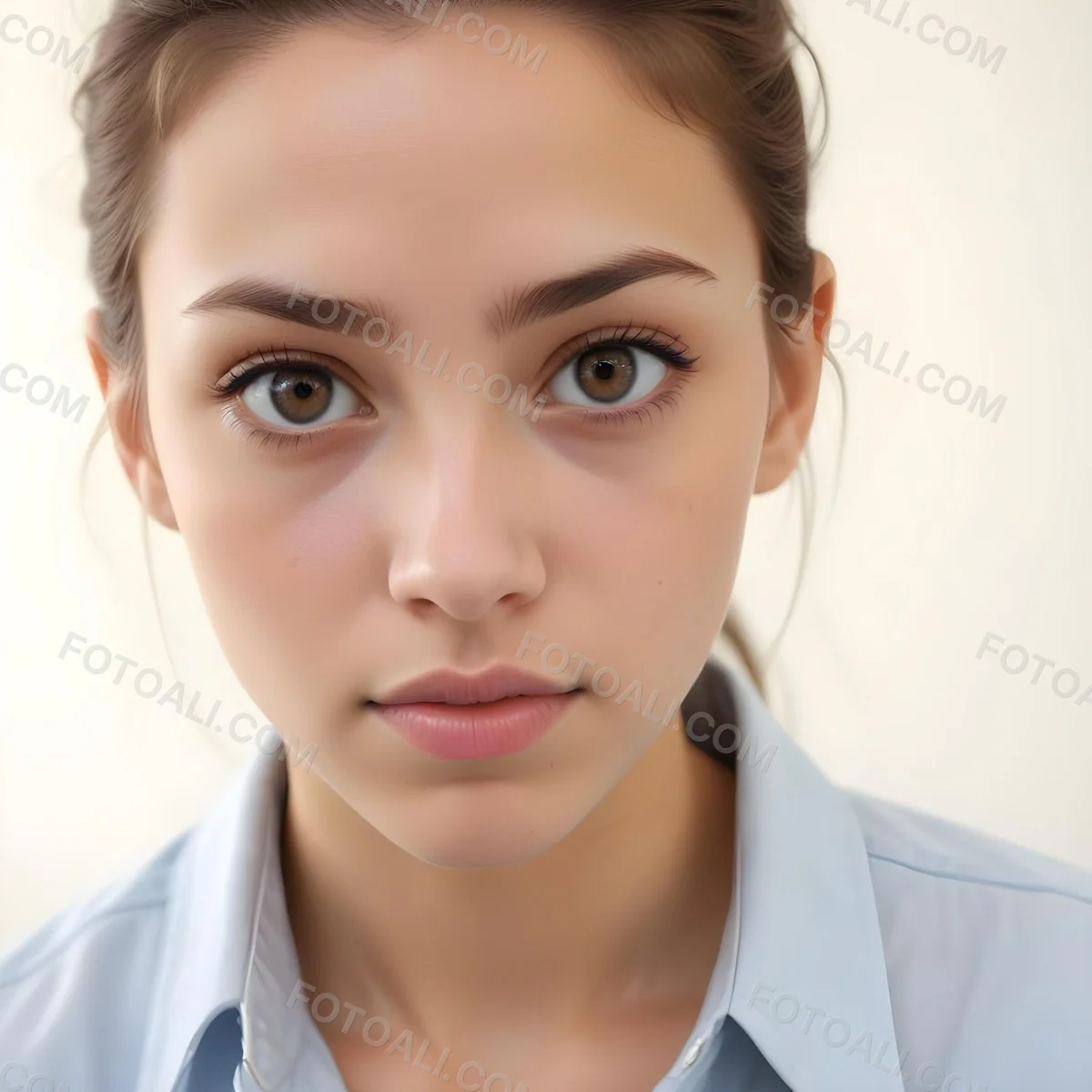 A Young Woman With Light Skin And Brown Hair Approximately 25 Years Old Wearing A Light Blue Shirt She Has A Neutral Expression And Is Looking Directly At The Camera With Brown Eyes And Subtle Makeup The Background 1 Dbfb