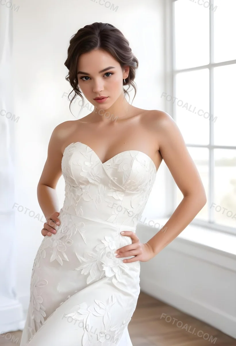 A Young Woman With Light Skin And Dark Brown Hair Styled In Loose Waves Wearing A Strapless White Wedding Dress Adorned With Floral Details She Is Posing With Her Hands On Her Hips Standing In A Bright Room With Large 1 4f6b