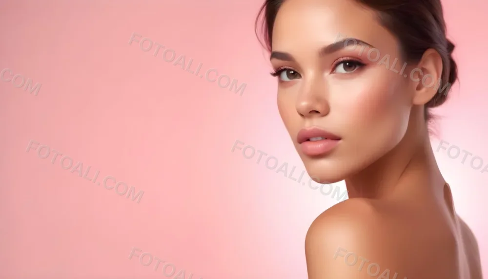 A Young Woman With Light Skin And Long Brown Hair Showcasing A Side Profile She Has Full Lips And Well Defined Cheekbones With Subtle Makeup Highlighting Her Features The Background Is A Soft Pink Gradient 12 49b5