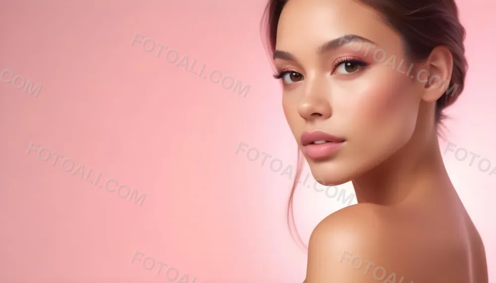 A Young Woman With Light Skin And Long Brown Hair Showcasing A Side Profile She Has Full Lips And Well Defined Cheekbones With Subtle Makeup Highlighting Her Features The Background Is A Soft Pink Gradient 6 F3f0