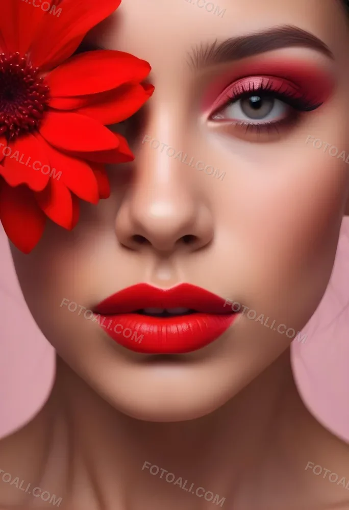 A Young Woman With Light Skin And Long Dark Hair Featuring Bold Makeup With Red Lips And Colorful Eyeshadow A Large Red Flower Partially Covers One Eye Set Against A Soft Pink Background 24 48d5