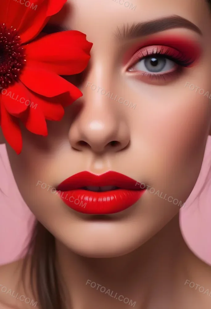 A Young Woman With Light Skin And Long Dark Hair Featuring Bold Makeup With Red Lips And Colorful Eyeshadow A Large Red Flower Partially Covers One Eye Set Against A Soft Pink Background 26 16c8