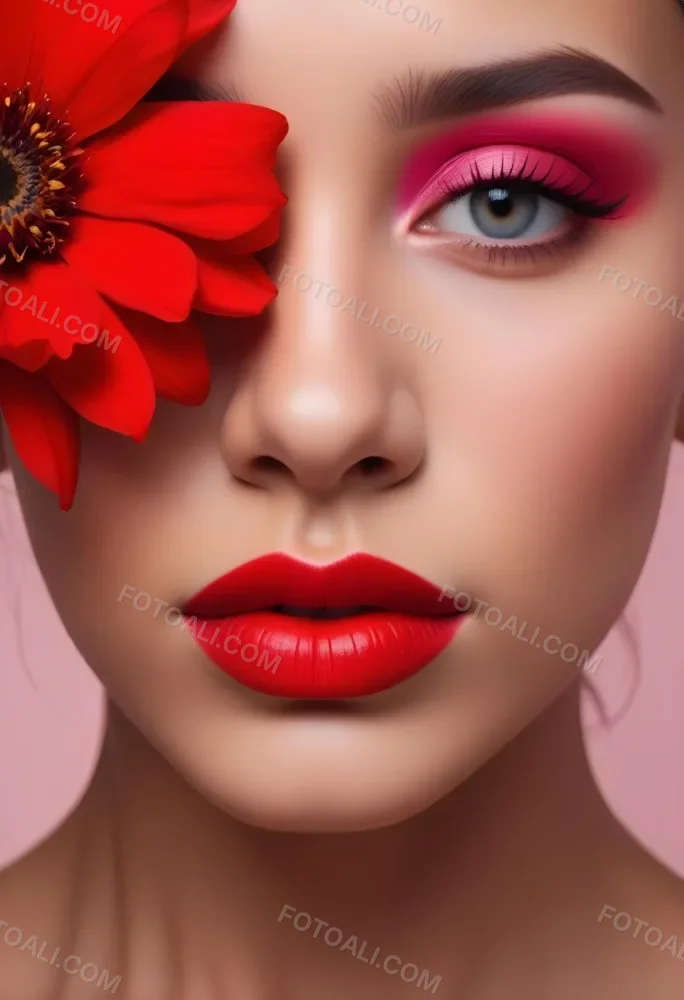 A Young Woman With Light Skin And Long Dark Hair Featuring Bold Makeup With Red Lips And Colorful Eyeshadow A Large Red Flower Partially Covers One Eye Set Against A Soft Pink Background 34 C8df