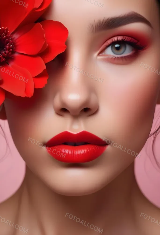 A Young Woman With Light Skin And Long Dark Hair Featuring Bold Makeup With Red Lips And Colorful Eyeshadow A Large Red Flower Partially Covers One Eye Set Against A Soft Pink Background 43 762c