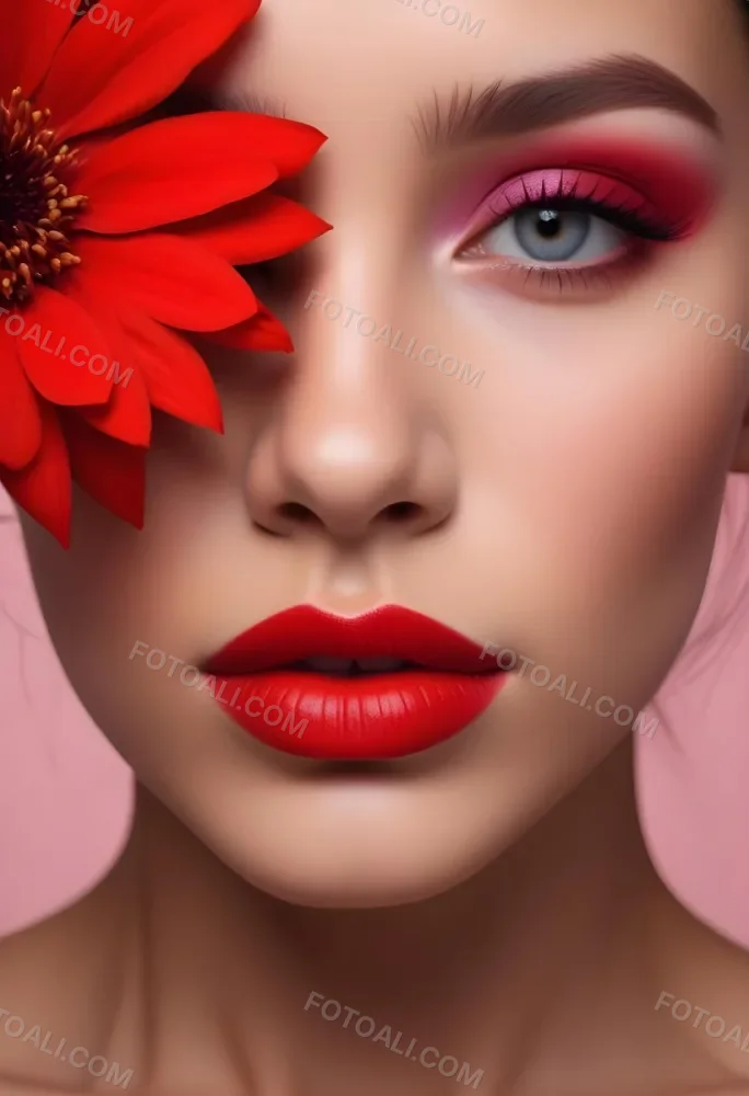 A Young Woman With Light Skin And Long Dark Hair Featuring Bold Makeup With Red Lips And Colorful Eyeshadow A Large Red Flower Partially Covers One Eye Set Against A Soft Pink Background 46 D331