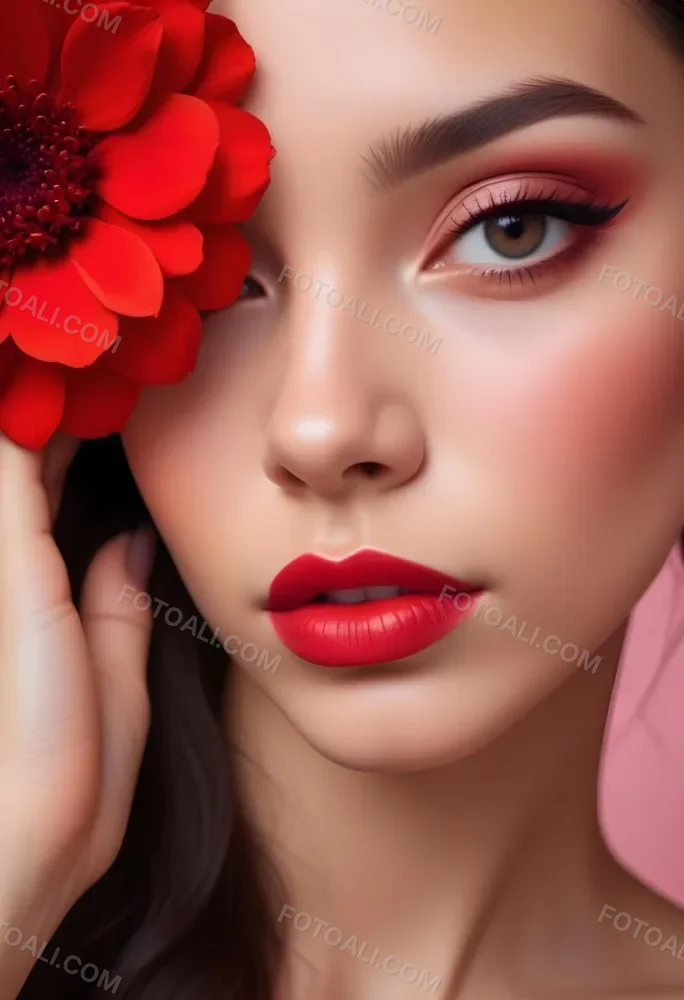 A Young Woman With Light Skin And Long Dark Hair Featuring Bold Makeup With Red Lips And Colorful Eyeshadow A Large Red Flower Partially Covers One Eye Set Against A Soft Pink Background 5 7a1e