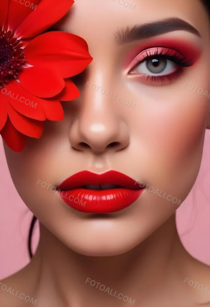 A Young Woman With Light Skin And Long Dark Hair Featuring Bold Makeup With Red Lips And Colorful Eyeshadow A Large Red Flower Partially Covers One Eye Set Against A Soft Pink Background 53 D0df
