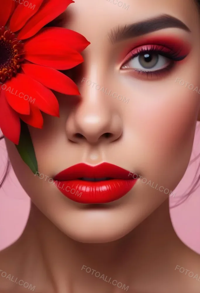 A Young Woman With Light Skin And Long Dark Hair Featuring Bold Makeup With Red Lips And Colorful Eyeshadow A Large Red Flower Partially Covers One Eye Set Against A Soft Pink Background 55 Ea37