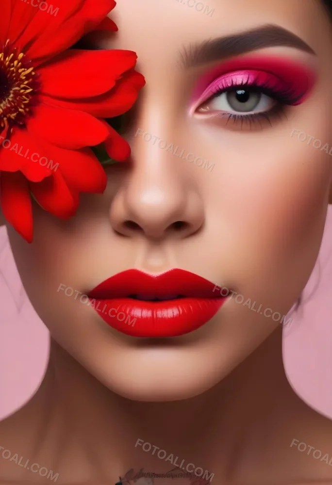 A Young Woman With Light Skin And Long Dark Hair Featuring Bold Makeup With Red Lips And Colorful Eyeshadow A Large Red Flower Partially Covers One Eye Set Against A Soft Pink Background 59 140f